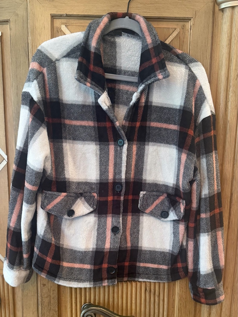 SHEIN Cream, Black & Pink Plaid Button-Front Jacket